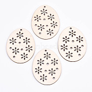 Undyed Natural Wooden Big Pendants, for Easter, Laser Cut, Easter Egg with Flower, Antique White, 67.5x52x2.5mm, Hole: 2mm(WOOD-S058-010)