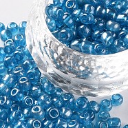 Glass Seed Beads, Trans. Colours Lustered, Round, Light Blue, 4mm, Hole: 1.5mm, about 4500pcs/pound(SEED-A006-4mm-103B)