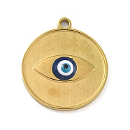 316 Surgical Stainless Steel Enamel Pendants, Flat Round with Evil Eye Charm, Golden, Dark Blue, 20.5x18x2.5mm, Hole: 1.8mm(STAS-M073-04G)