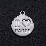 201 Stainless Steel Charms, Flat Round with Word I Love PARIS, Stainless Steel Color, 14x12x1mm, Hole: 1.4mm(STAS-S105-T750)