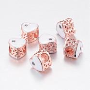 Alloy Enamel European Beads, Large Hole Beads, Hollow Heart, Rose Gold, White, 10x10~10.5x8mm, Hole: 5mm(MPDL-T001-04C)