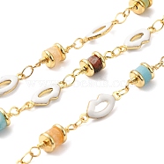 Handmade Natural Gemstone Column Beaded Chains, Real 18K Gold Plated Brass Enamel Lip Link Chains, Soldered, with Spool, Cadmium Free & Lead Free, Lip: 13x5x2mm, Column: 11.5x5mm(CHC-M024-31G)