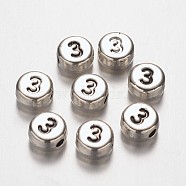 Flat Round Antique Silver Tone Alloy Number Beads, Num.3, 7x4mm, Hole: 1.2mm(PALLOY-K194-03AS)