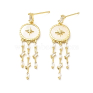 Cubic Zirconia Flat Round with Tassel Dangle Stud Earrings, Brass Star Earrings with Shell for Women, Lead Free & Cadmium Free & Nickel Free, Real 18K Gold Plated, 44.5x12x2.5mm, Pin: 0.7mm(EJEW-F281-21G)