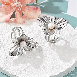 304 Stainless Steel Finger Rings, with Freshwater Pearl Beads, Leaf, Stainless Steel Color, US Size 6(16.5mm)(RJEW-S396-04P)