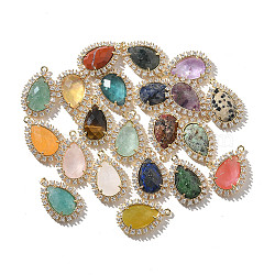 Natural & Synthetic Mixed Gemstone Faceted Teardrop Pendants, Rack Plating Brass Micro Pave Clear Cubic Zirconia Drop Charms, Golden, 25x16.5x5.5mm, Hole: 1.4mm(G-I375-01G)