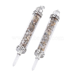 Natural Labradorite Big Pendants, Dowsing Pendulum Pendants Making, with Quartz Crystal Round Beads, Glass and Brass Findings, Column, Platinum, 130x17mm, Hole: 5x7mm(G-F650-C06)