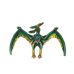 Pterosaurs Alloy Rhinestone Brooch, Green Dragon Enamel Pin Badge for Backpack Clothes, Antique Golden, 47.5x74mm(JEWB-Z031-01AG)