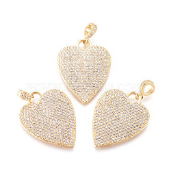 Brass Micro Pave Cubic Zirconia Pendants, with Tube Bails, Heart, Clear, Real 18K Gold Plated, 22x21.5x2mm, Tube Bails: 6x3mm, Hole: 3.5x4mm(KK-D159-24G)