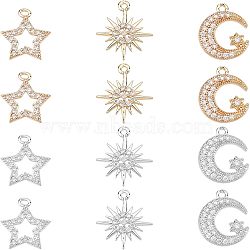 12Pcs 6 Style Rack Plating Brass Micro Pave Cubic Zirconia Charms, Long-Lasting Plated, Mixed Shape, Platinum & Light Gold, 13.5~15x12~13.5x2~3mm, Hole: 1~1.2mm, 2pcs/style(ZIRC-FH0001-18)