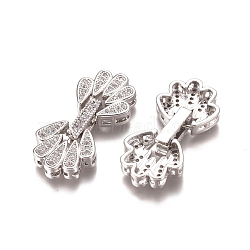 Brass Micro Pave Clear Cubic Zirconia Fold Over Clasps, Flower, Platinum, 28x13x5mm, Hole: 1mm(ZIRC-I038-34P)