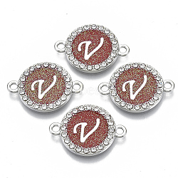 Alloy Enamel Links Connectors, with Crystal Rhinestones, Flat Round with Letter, Silver Color Plated, Letter.V, 22x16x2mm, Hole: 1.8mm(ENAM-TAC0003-01S-05V)