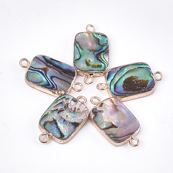 Electroplate Abalone Shell/Paua Shell Links connectors, with Iron Findings, Rectangle, Golden, Colorful, 23x12x3mm, Hole: 2mm