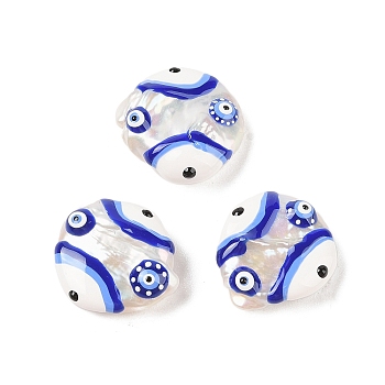 Natural Keshi Pearl Enamel Beads, Hand Drawn Beads, Flat Round with Evil Eye Pattern, Medium Blue, 19~21x17~19x6~7mm, Hole: 0.8mm