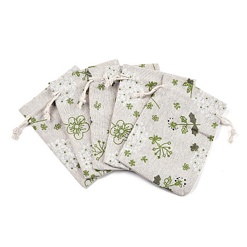 Polycotton(Polyester Cotton) Packing Pouches Drawstring Bags, with Printed Flower, Old Lace, 14x10cm