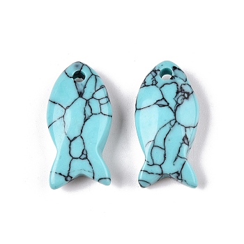 Synthetic Turquoise Pendants, Fish Charms, 23.5~24.5x12x5~6mm, Hole: 2mm