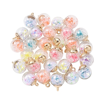 46Pcs 2 Style Transparent Glass Ball Bottle Pendants, with Glitter Sequins and CCB Plastic Findings, Round & Star and Round & Diamond, Glow in the Dark Luminous Pendant, Mixed Color, 21x15.5~16mm, Hole: 2mm, 2style, 23pc/style, 46pc/box