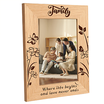 Natural Wood Photo Frames, for Tabletop Display Photo Frame, Rectangle with Word, Flower Pattern, 200x150mm