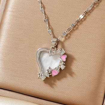 Brass Clear Cubic Zirconia Heart Necklaces, with Pink Enamel, Platinum, 15.75 inch(40cm)