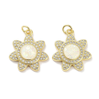 Brass Micro Pave Clear Cubic Zirconia Pendants, with Synthetic Opal and Jump Rings, Real 18K Gold Plated, Flower Charms, White, 20.5x18x3.5mm, Hole: 3mm