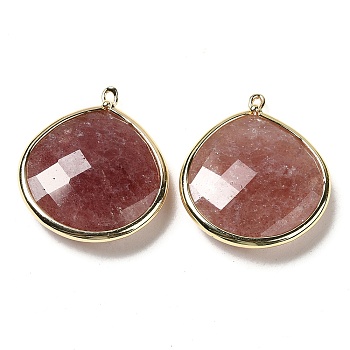 Natural Strawberry Quartz Pendants, with Golden Brass Edge, Faceted, Undyed, Teardrop, 28x25x6mm, Hole: 1.6mm