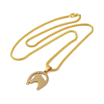 Horseshoe with Horse Head 201 Stainless Steel Pendant Necklace with Iron Box Chains, Golden, 23.98 inch(60.9cm)