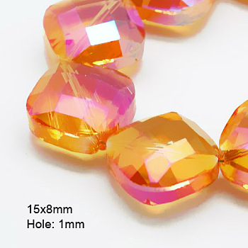 Electroplate Glass Beads, Half Plated, Faceted, Square, Orange, 15x15x8mm, Hole: 1mm
