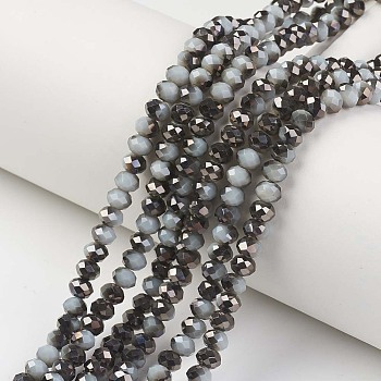 Electroplate Opaque Glass Beads Strands, Half Black Plated, Faceted, Rondelle, Light Steel Blue, 4x3mm, Hole: 0.4mm, about 123~127pcs/strand, 16.5~16.9 inch(42~43cm)