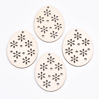 Undyed Natural Wooden Big Pendants, for Easter, Laser Cut, Easter Egg with Flower, Antique White, 67.5x52x2.5mm, Hole: 2mm