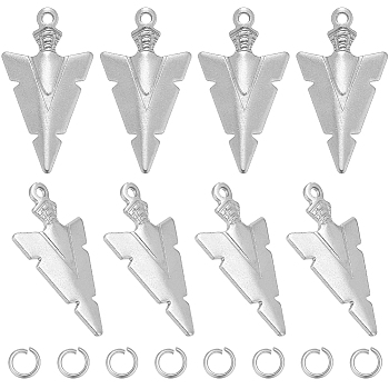 50Pcs 201 Stainless Steel Pendants, with 50Pcs 304 Stainless Steel Open Jump Rings, Arrow, Stainless Steel Color, 28.5x15.5x2.5mm, Hole: 1.6mm