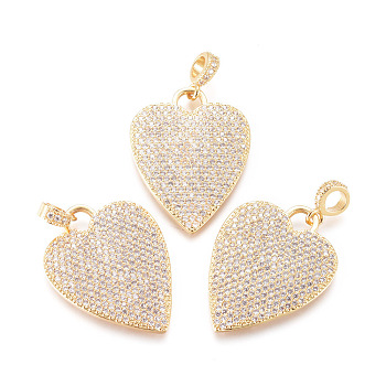 Brass Micro Pave Cubic Zirconia Pendants, with Tube Bails, Heart, Clear, Real 18K Gold Plated, 22x21.5x2mm, Tube Bails: 6x3mm, Hole: 3.5x4mm