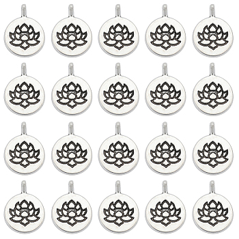 50Pcs Tibetan Style Alloy Pendants, Flat Round with Lotus, Cadmium Free & Lead Free, Antique Silver, 20x15x2mm, Hole: 2mm
