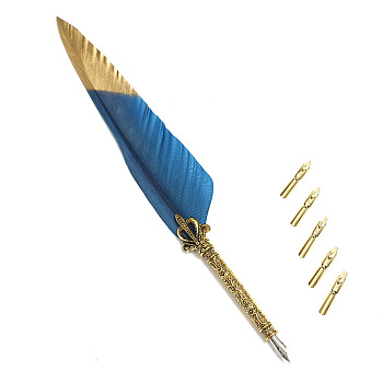 Feather Dipped Pen, with Alloy Pen Tip & Replacement Tips, for Teacher's Day, Marine Blue, 285x45mm