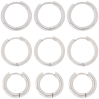 12 Pairs 3 Styles 202 & 304 Stainless Steel Huggie Hoop Earrings, Hypoallergenic Earrings, with 316 Surgical Stainless Steel Pin, Stainless Steel Color, 14.5~19x0.8~1mm, 4 Pairs/style