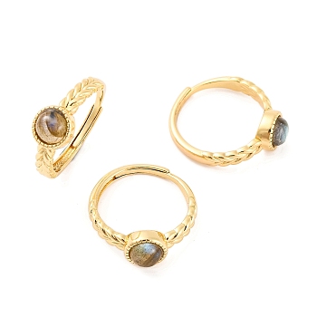 Round Natural Labradorite Adjustable Rings, Brass Ring for Women, Long-Lasting Plated, Lead Free & Cadmium Free, Golden, Inner Diameter: 18mm