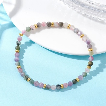Natural Multicolor Tourmaline Beads Stretch Bracelets for Women, Round, with Brass Beads, Golden, Beads: 4.5mm, Inner Diameter: 2.17 inch(5.5cm)