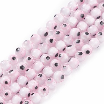 Handmade Evil Eye Lampwork Round Bead Strands, Pink, 4mm, Hole: 1mm, about 100pcs/strand, 14.56 inch