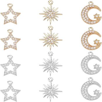 12Pcs 6 Style Rack Plating Brass Micro Pave Cubic Zirconia Charms, Long-Lasting Plated, Mixed Shape, Platinum & Light Gold, 13.5~15x12~13.5x2~3mm, Hole: 1~1.2mm, 2pcs/style