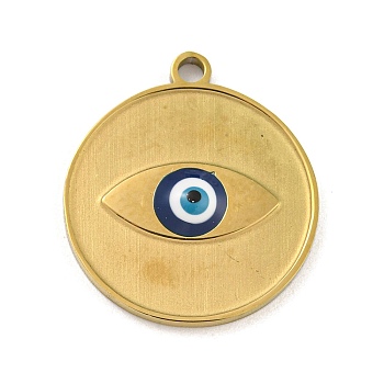 316 Surgical Stainless Steel Enamel Pendants, Flat Round with Evil Eye Charm, Golden, Dark Blue, 20.5x18x2.5mm, Hole: 1.8mm