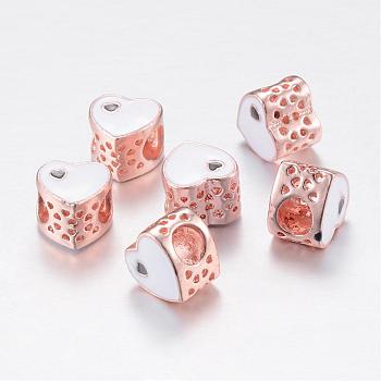 Alloy Enamel European Beads, Large Hole Beads, Hollow Heart, Rose Gold, White, 10x10~10.5x8mm, Hole: 5mm