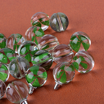 Round Alloy Glass Pendants, with Dried Clover Inside, Platinum, 20~21x15mm, Hole: 1.5mm