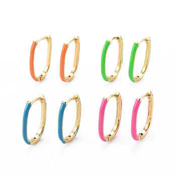 Brass Enamel Huggie Hoop Earrings, Cadmium Free & Nickel Free & Lead Free, Oval, Real 16K Gold Plated, Mixed Color, 19x12.5x2mm, Pin: 1x1mm