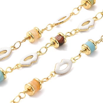 Handmade Natural Gemstone Column Beaded Chains, Real 18K Gold Plated Brass Enamel Lip Link Chains, Soldered, with Spool, Cadmium Free & Lead Free, Lip: 13x5x2mm, Column: 11.5x5mm