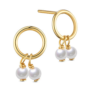 SHEGRACE 925 Sterling Silver Stud Earrings, with Pearl, Real 18K Gold Plated, 13.6x8.1mm