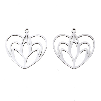 Hollow 201 Stainless Steel Pendants, Heart with Flower Charms, Stainless Steel Color, 22.5x23x1mm, Hole: 1.4~1.5mm