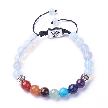 Chakra Jewelry, Natural & Synthetic Mixed Stone Braided Bead Bracelets, with Opalite, Alloy Findings and Nylon Cord, Rectangle with Tree, 52~76mm