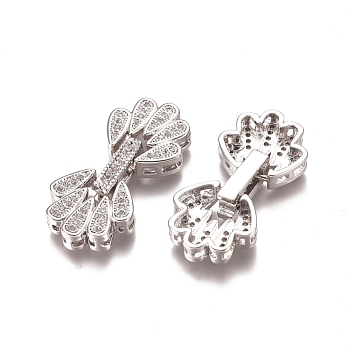 Brass Micro Pave Clear Cubic Zirconia Fold Over Clasps, Flower, Platinum, 28x13x5mm, Hole: 1mm