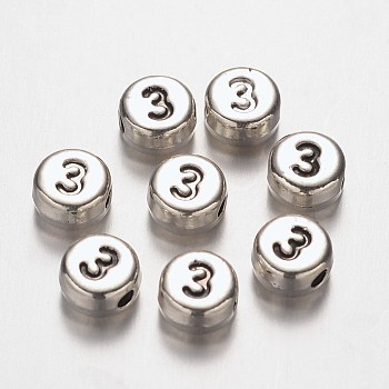 Flat Round Antique Silver Tone Alloy Number Beads, Num.3, 7x4mm, Hole: 1.2mm