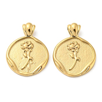 304 Stainless Steel Pendants, Flat Round with Rose Charm, Real 14K Gold Plated, 19x14.5x4mm, Hole: 3x1.7mm