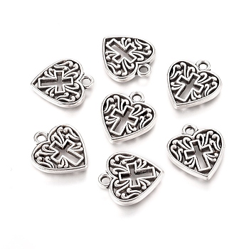 Valentine's Day Gift Ideas for Zinc Alloy Pendants, Heart with Cross, Antique Silver, 16x14x2mm, Hole: 1.7mm